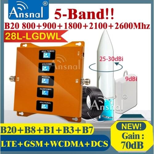Five-Band CellPhone Repeater B20 800 900 1800 2100 2600Mhz GSM Repeater 2g 3g 4g Mobile Signal Booster 4G Cellular Amplifier GSM
