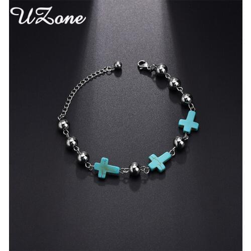 UZone New Fashion Cross Turquoises Bracelets Stainless Steel Beads Adjustable Chain Bangle For Women Jewelry Gift