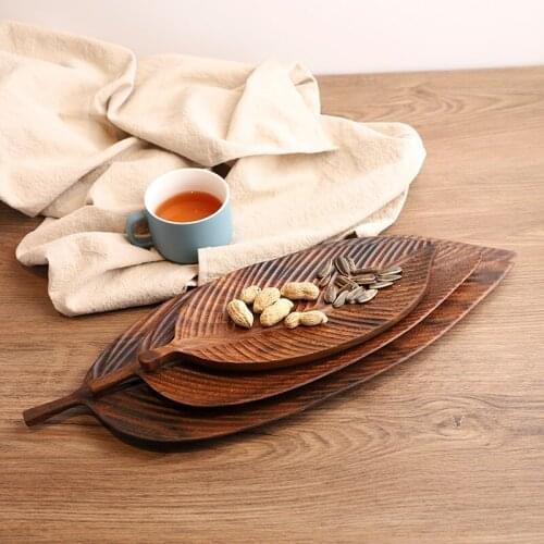 Japanese Style Solid Wood Tree Leaf Fruit Cake Snack Dessert Dishes Natural Wooden Plate Coffee Tea Cup Teapot Tray Decoration