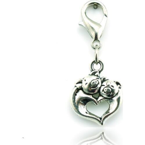 JINGLANG Fashion Lobster Clasp Charms Dangle Retro Alloy Double Pig Heart Charms DIY For Jewelry Making Accessories