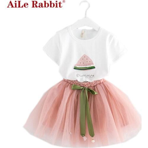 AiLe Rabbit Girls Clothing Sets New Summer Children dressesWhite Short T-Shirt Short skirt 2Pcs Suit Brand Kids Clothes k1