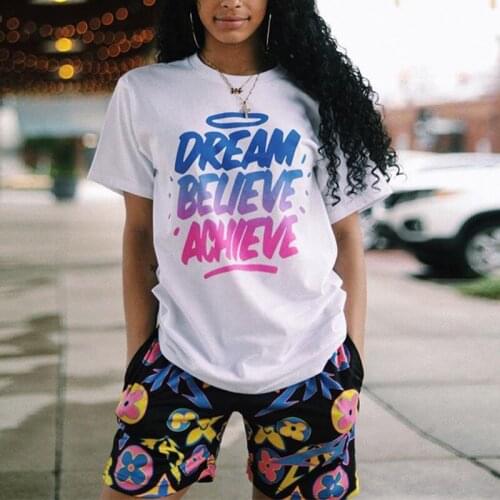 Super Chic Graphic Short Set Women 2-Pieces Sets Outfit Letters Print White T Shirts+Floral Shorts 2021 Summer Tracksuit Ladies