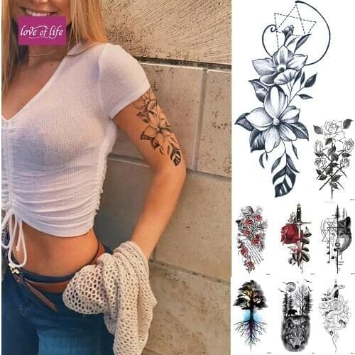 Waterproof Temporary Tattoo Sticker Geometric Line Lily Flower Flash Tattoos Rose Fox Lotus Body Art Arm Fake Tatoo Women Men