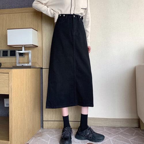 Women Black High-waist Midi Skirt Ladies Denim A-line Vintage Elegant All-match Simple Fashion Button Solid Color Skirt