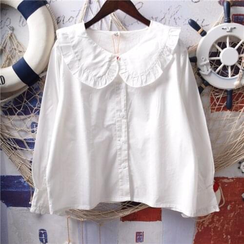 2020 New Autumn Women Blouse Japan Style Rabbit ears Ruffled Peter Pan Collar Long Sleeve White Womens Shirt Tops