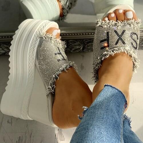 Summer Rhinestone Wedges Heel Women Slippers Platform Peep Toe Height Increasing Slides 2020 Sexy Ladies Shoes Zapatos De Mujer