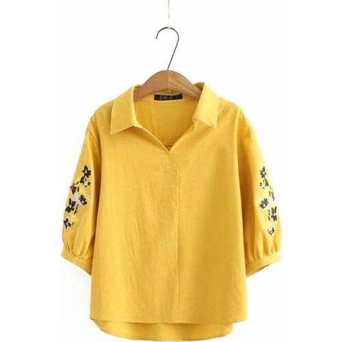 Plus Size 4XL Spring Summer Tops Womens Floral Embroidery Half Sleeve Full Cotton Blouse Ladies' V-neck Elegant Workwear Blusas