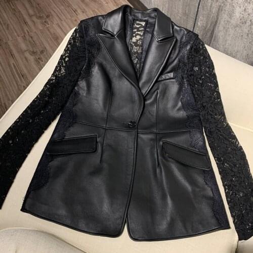 Genuine blazer lace ladies splicated women real sheep leather jacket