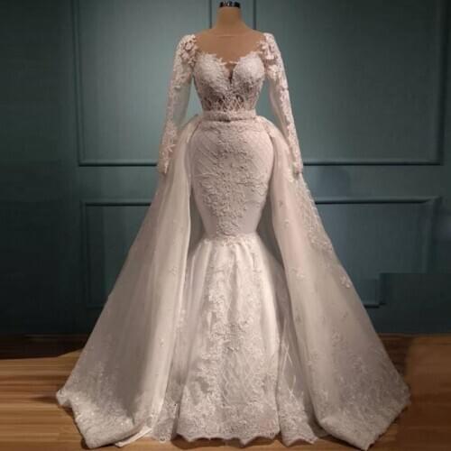 Retro Lace Long Sleeves Mermaid Wedding Dresses With Detachable Overskirt Sheer Neck Sweep Train Bridal Gowns Vestido De Novia