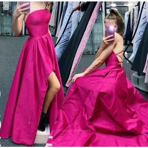 Sexy Long Strapless High-Low Prom Dresses with Pockets Criss Cross Back Robe De Soiree Formal Party Gown for Women