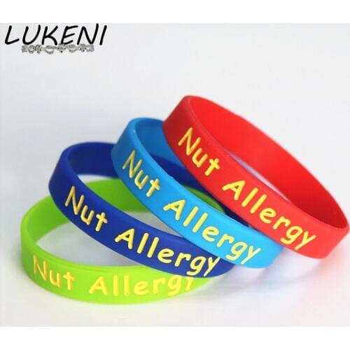 1PC Medical Alert Nut Allergy Silicone Wristband Adults Size Green Red Blue Pink Armband Nurse Braceets&Bangles Gifts SH110A