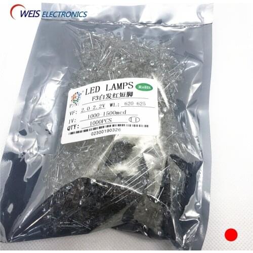 100PCS F3 3MM RED LED , DIP-2 , LONG LEGS , water clear , 625nm 20mA 2.0-2.2v wholesale dropshipping