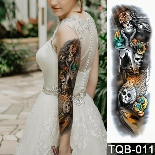 5 Pieces Full Arm Temporary Tattoo Yellow Green Death Roses Large Sleeve Tatoo Sticker For Adult Body Art Fake Tatto Woman Man