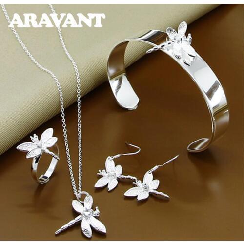 925 Silver Dragonfly Necklace Earring Ring Bangle Jewelry Set For Women Wedding Luxury Jewelry