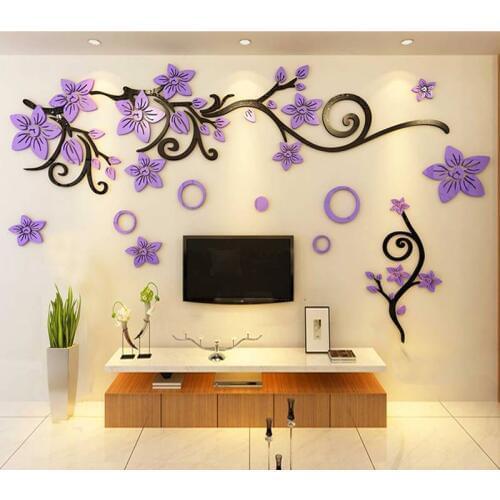Purple Flower Vine Acrylic Wall Sticker Easy Install Diy Wall Stickers Vintage Room Decoration For Bedroom Tv Wall Wallpaper