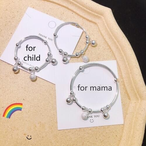 Whole 100% Real 999 Sterling Silver Bangles with Bell for Child and Mama Same Paragraph Exquisite Jewelry Adjustable Can Pushed
