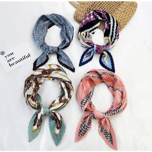 Women Crinkle Scarf 70cm Korean Silk Scarf Floral Print Neck Scarves Turban Handkerchief Small Square Bag Handle Scarf Headband