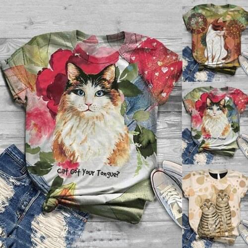 T Shirt Women Harajuku Tops Plus Size Women Short Sleeve 3D Kitty Cat Printed O-Neck Tops Tee T-Shirt Camisetas Mujer футболка