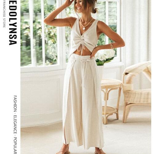 Summer Casual Two Piece Set Cotton Linen Drawstring Crop Top Split Lace Up Wide Leg Pants Loungewear Womens Home Suits Y120