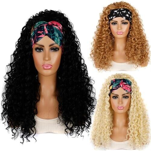 Curly Wave Headband Wig Synthetic Hair Deep Wave Machine Made Wigs With Head Band No Glue Scarf Wig For Women