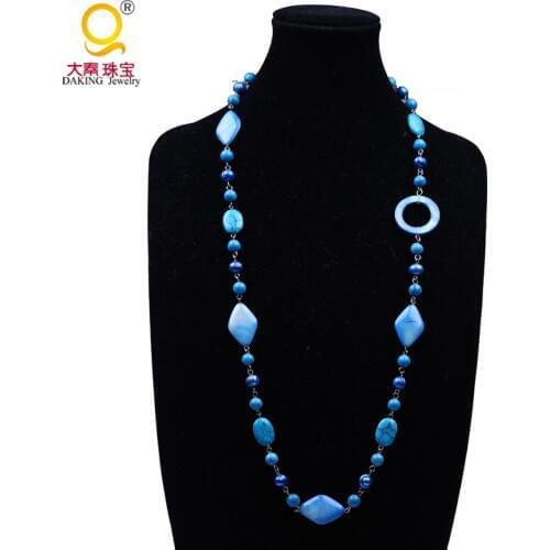 Trendy freshwater pearl decorate necklace blue shell howlite necklace