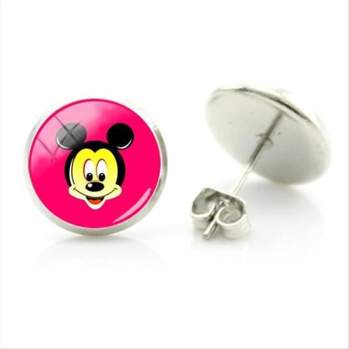 Disney Handicraft Fashion Art Earrings Mickey Mouse Head Pendant Earrings Round Glass Cabochon Cute Jewelry