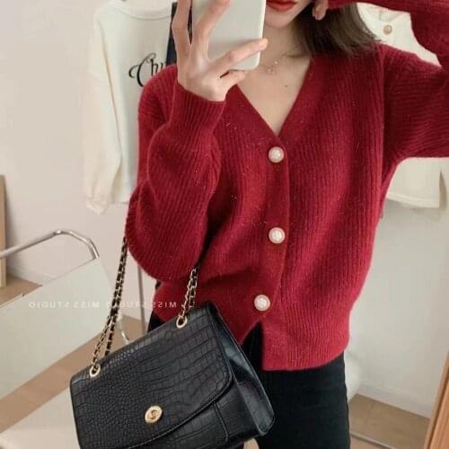 ZAWFL 2021 Autumn Winter Coat Outerwer Long Sleeve Casual Loose Red Japan Single Breasted Button Knitted Sweater Cardigans