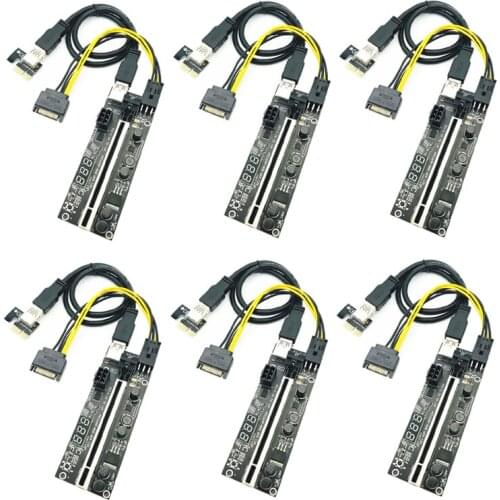 6Pcs PCIE Riser 1x to 16x Express Extension 6Pin Powered Riser Adapter Card Temperature Sensor for Bitcoin GPU Mining Video Card