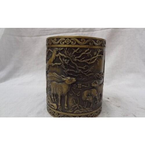 Song voge gem S2778 Chinese Bronze 3 Sheep Lunar Statue Buddhism Tree Hill Brush Pot Pen Container