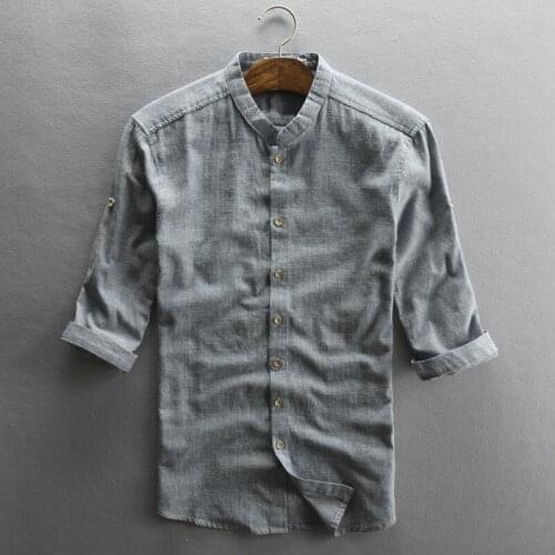 Cotton Linen Shirt Men Three Quarter Sleeve Slim Fit Dress Shirts For Men Quality Social Business Blouse Camisa Chemise TS-733