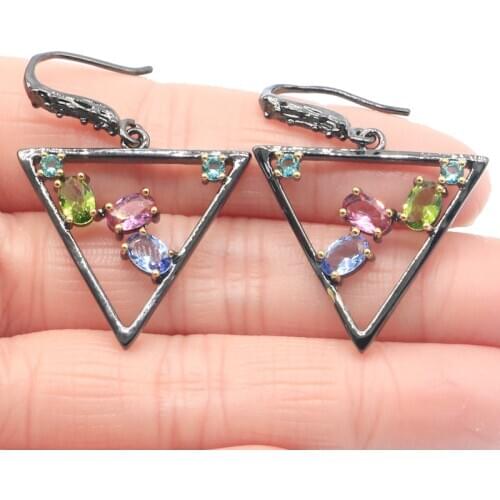 40x28mm Unique Jewelry Set Gothic Trangle Created Tourmaline Peridot Tanzanite Black Gold Silver Pendant Earrings Hiphop