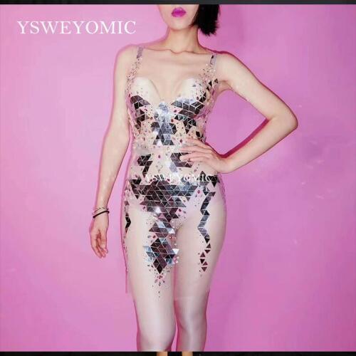 Mesh Perspective Silver Sequin Dress Evening Party Sexy Dresses Birthday Dress Costume Singer Performance Outfit