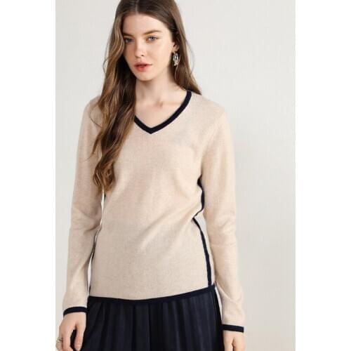 Autumn new style 100% cashmere v neck sweater woman contrast long sleeve softness pullovers knitted stylish warm knitwear female