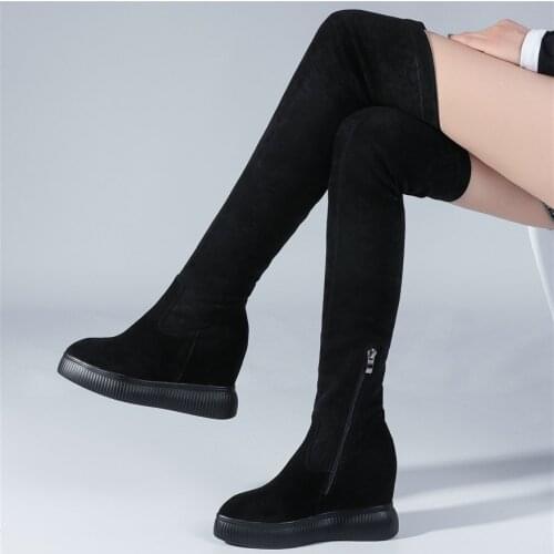 Stretchy Platform Pumps Shoes Women Genuine Leather Wedges High Heel Over The Knee High Boots Female Thigh High Fashion Sneakers