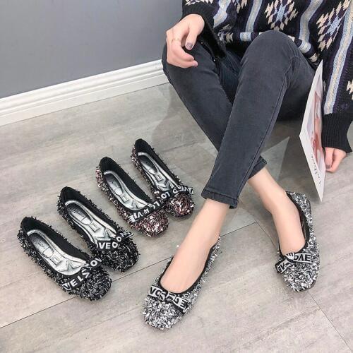 Square Toe Bow Rhinestone flat shoes female 2020 spring new soft bottom flat pea shoes shallow mouth womens shoes U15-33