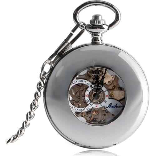 Vintage Silver Smooth Case Half Hunter Unisex Automatic Mechancial Pocket Watches with Roman Numbers Pendant Skeleton Chain Gift