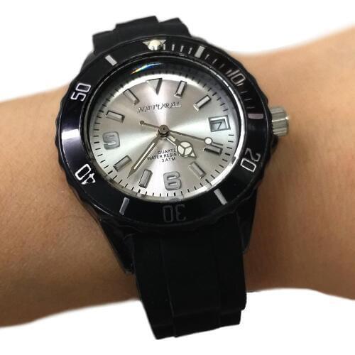 Japan Miyota 2115 Date Movement Unisex Analog Quartz Round Watch Black Soft Silicone Band Matt Silver Dial
