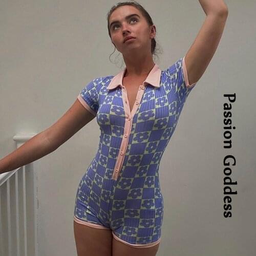 Sweet Women Flower Printed Playsuits Single-breasted Turn Down Collar Bodysuits Rompers Skinny Shorts Jumpsuits Longues Overalls