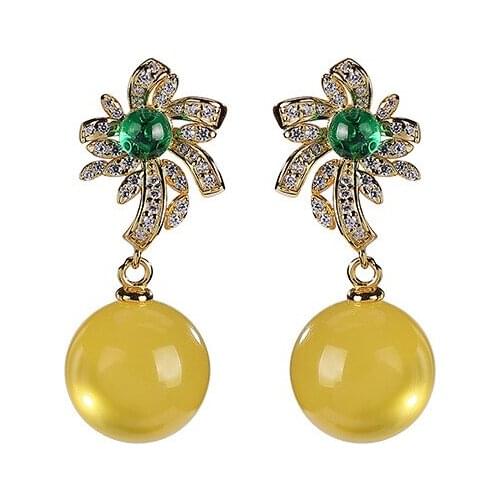 S925 sterling silver gold plated Natural Amber Beeswax Ear studs Personality Fashion Flowers Round beads Ladies Eardrops Earring