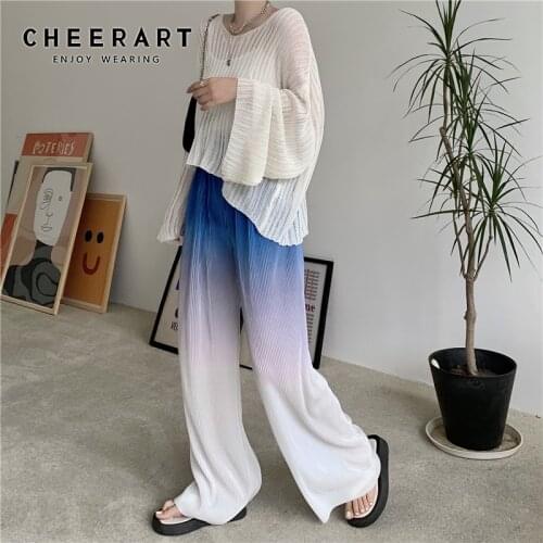CHEERART Y2k Gradient Baggy Wide Leg Pant Women Trousers Summer 2021 Bottoms Elastic High Waist Long Pleated Pants High Fashion