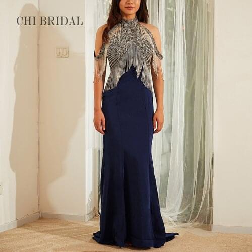 Hanging Neck Sexy Tassel Evening Dress Falling Shoulder Decoration Luxury Handmade Slim Dress WomenS Banquet Evening Dress