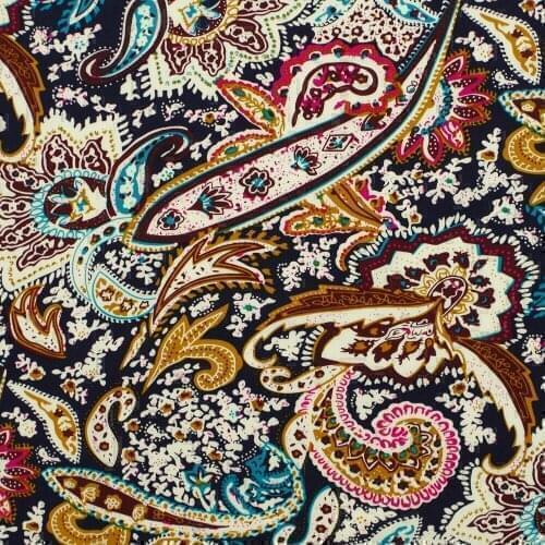 1 Yard Cotton Poplin Fabric for Sewing Patchwork, Dress, Cloth - Paisley Flowers on Black Background (width=140cm)