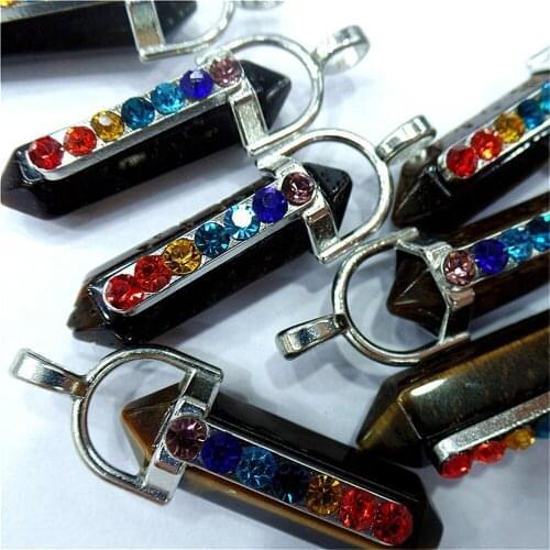 10Pcs 41x8mm Wholesale Natural Tiger Eye Gem Six Angle Alloy With Hood Set Auger Reiki DIY Handmade Jewelry Accessories S818