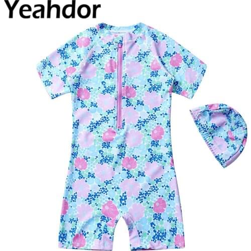 2Pcs Kids Girls Swimwear Swimsuit Short Sleeves Front Zipper Shorts Jumpsuit with Swim Cap Set Beach Pool Swimming Bathing Suit
