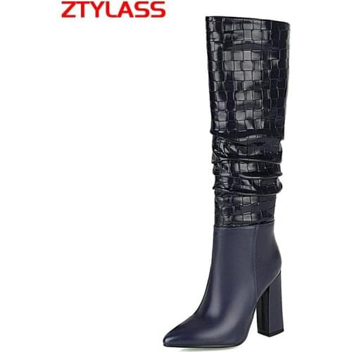 Big Size Women Boots 34-43 Fashion Pleated Knee High Boots Women Slip On Square High Heel Long Boots Autumn Winter Shoes Lady