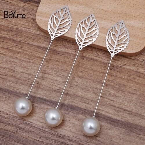 BoYuTe (20 Pieces/Lot) 21*35MM Filigree Leaf Lapel Pin with Pearl Stopper Diy Handmade Brooch Pins Jewelry Accessories