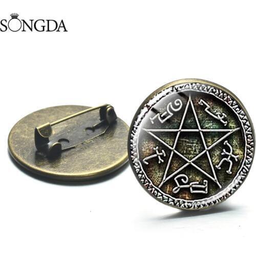 Steampunk Supernatural Brooches Pentagram Devils Trap Rune Glass Photo Cabochon Lapel Pins Backpack Clothes Badge Gift