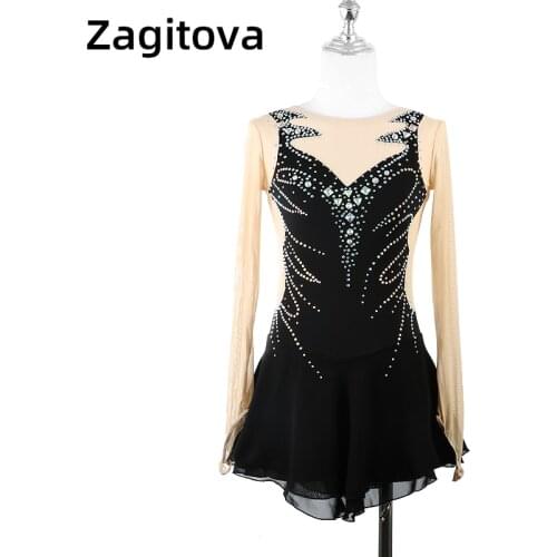 Black Figure Skating Dress Long Sleeves Ice Skating Skirt Womens And Girls Shiny Diamond Competition Dress