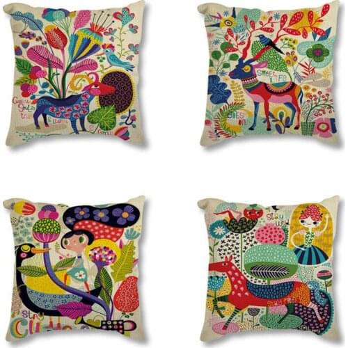 Decorative Cushion Cover 45x45cm Modern Color Flowers Animals Deer Horse Print Pillowcase Linen Throw Pillow for Sofa Home Decor