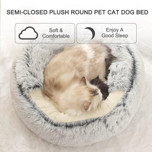 2-in-1 Round Plush Pet Cat Dog Sofa Bed Winter Warm Pet Cat Small Dog Sleeping Nes t Cute Fluffy Soft Nes t Non Slip Bottom Bed